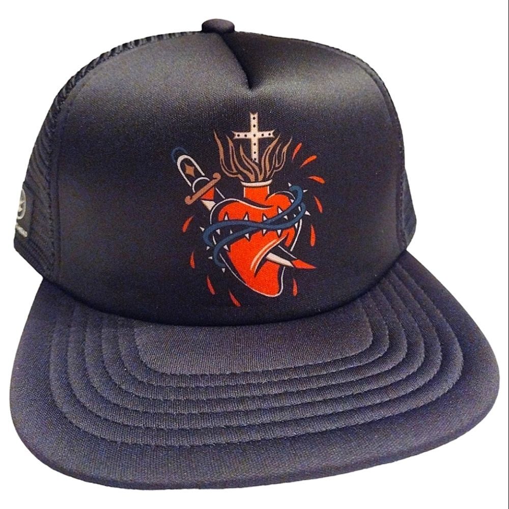 Black Trucker Hat with Red Sacred Heart Graphic - Men's Cap